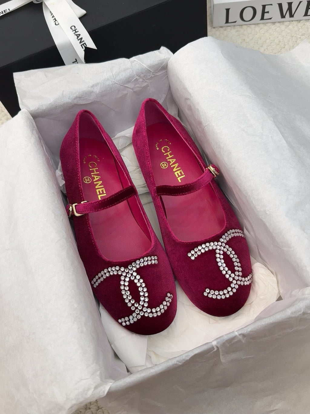 CHANEL MARY JANE SHOES IN JAM PURPLE VELVET WITH CRYSTALS LOGO