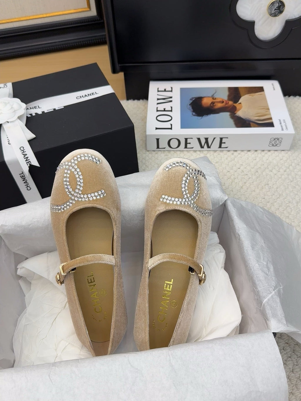 CHANEL MARY JANE SHOES IN SAND BROWN VELVET WITH CRYSTALS LOGO