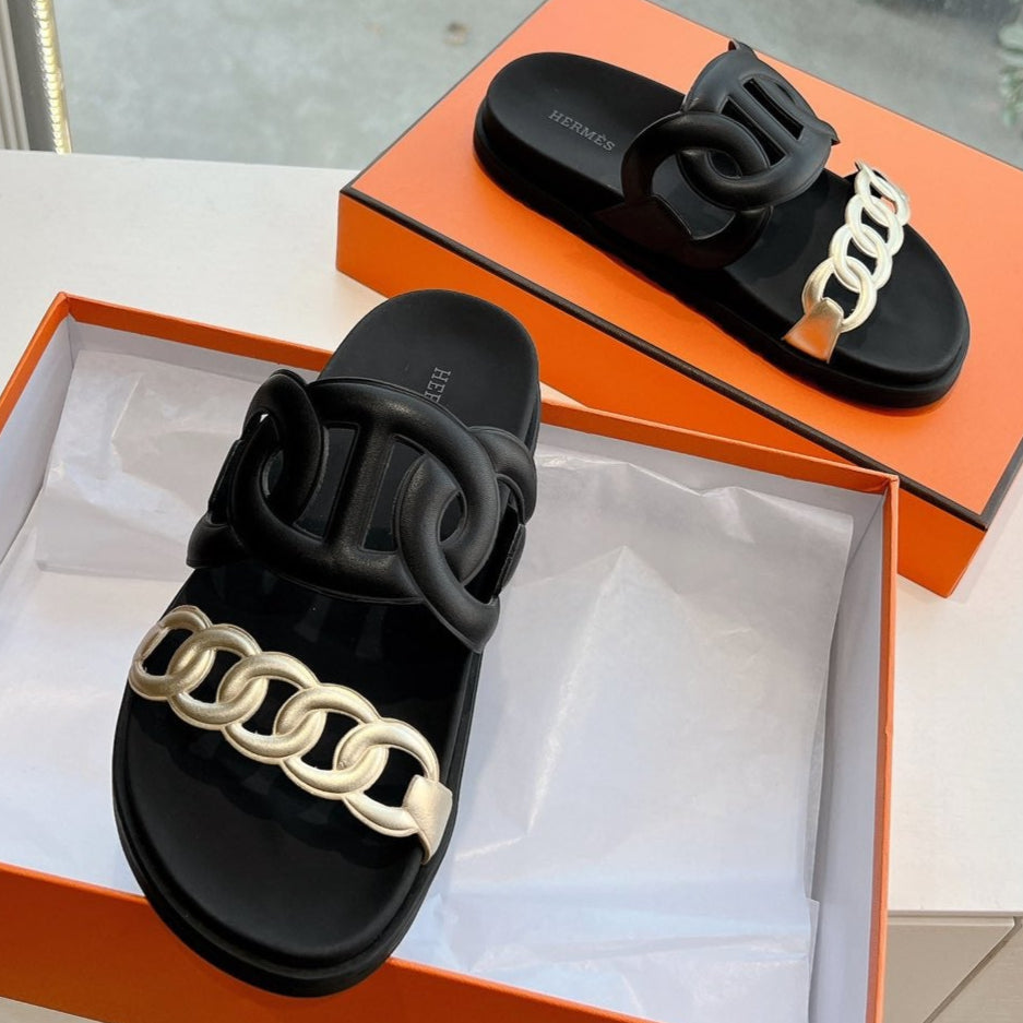 HERMES EXTRA SANDAL IN BLACK MIX SILVER CALFSKIN