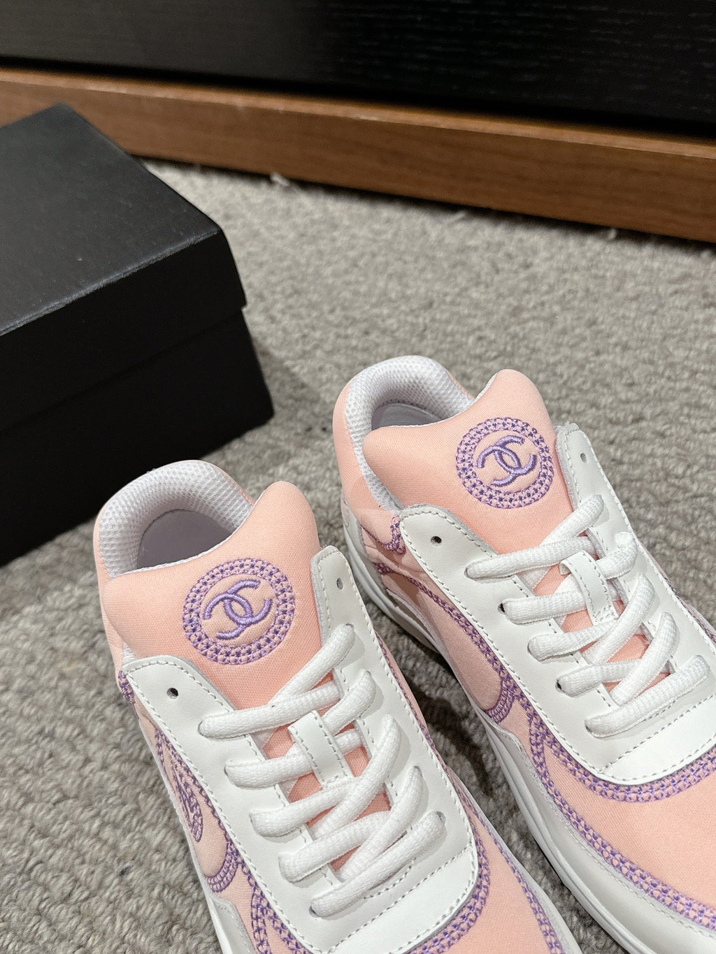 CHANEL CLASSIC TRAINER IN LIGHT PINK MIX WHITE FABRIC