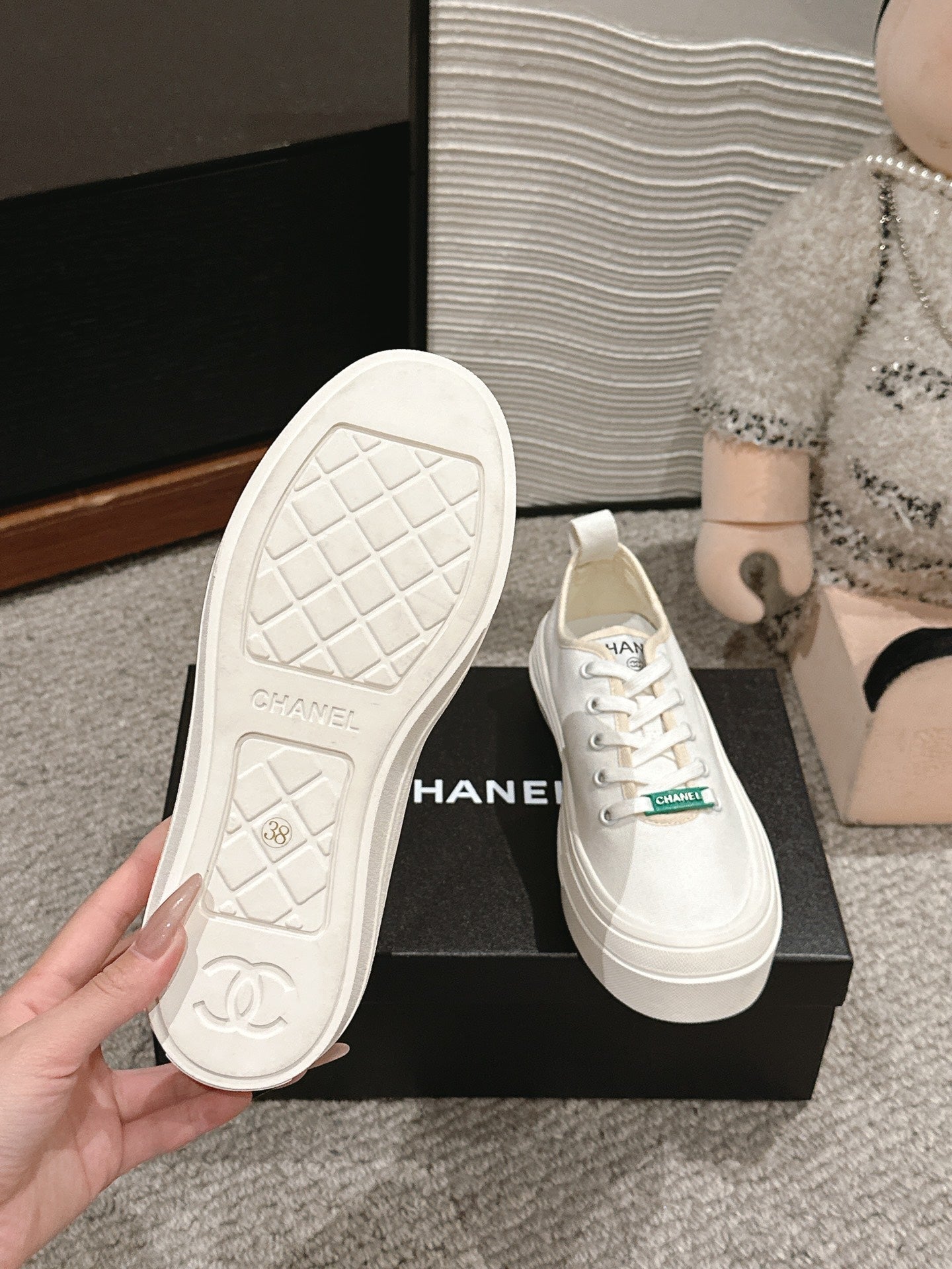 CHANEL LACE-UP SNEAKERS IN WHITE CANVAS