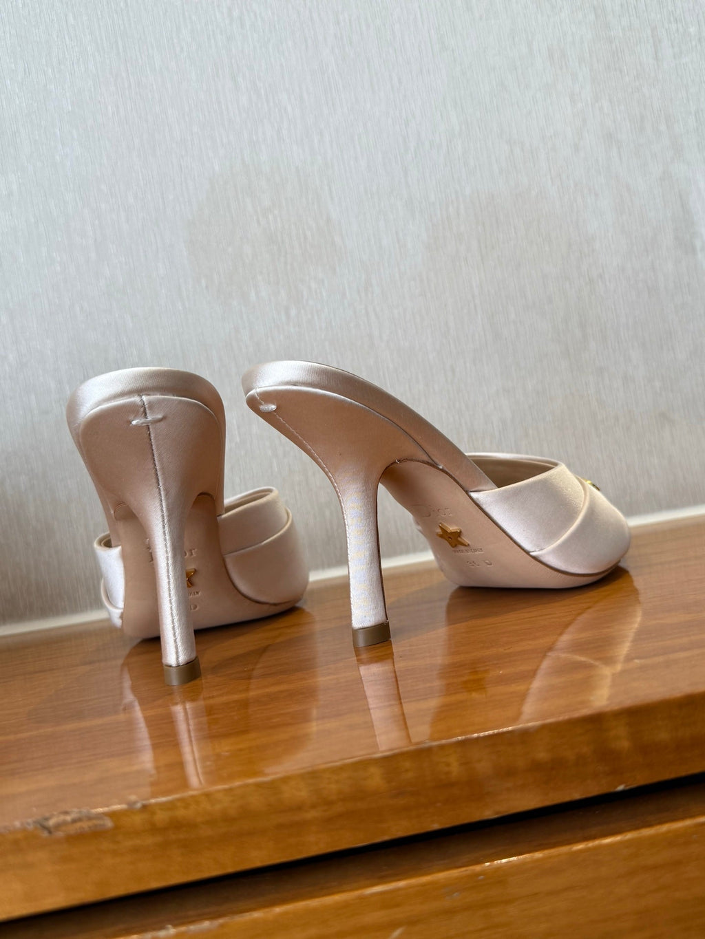DIOR PEEP TOE SANDAL 25S HEELS 10CM IN PALE PINK BEIGE SATIN