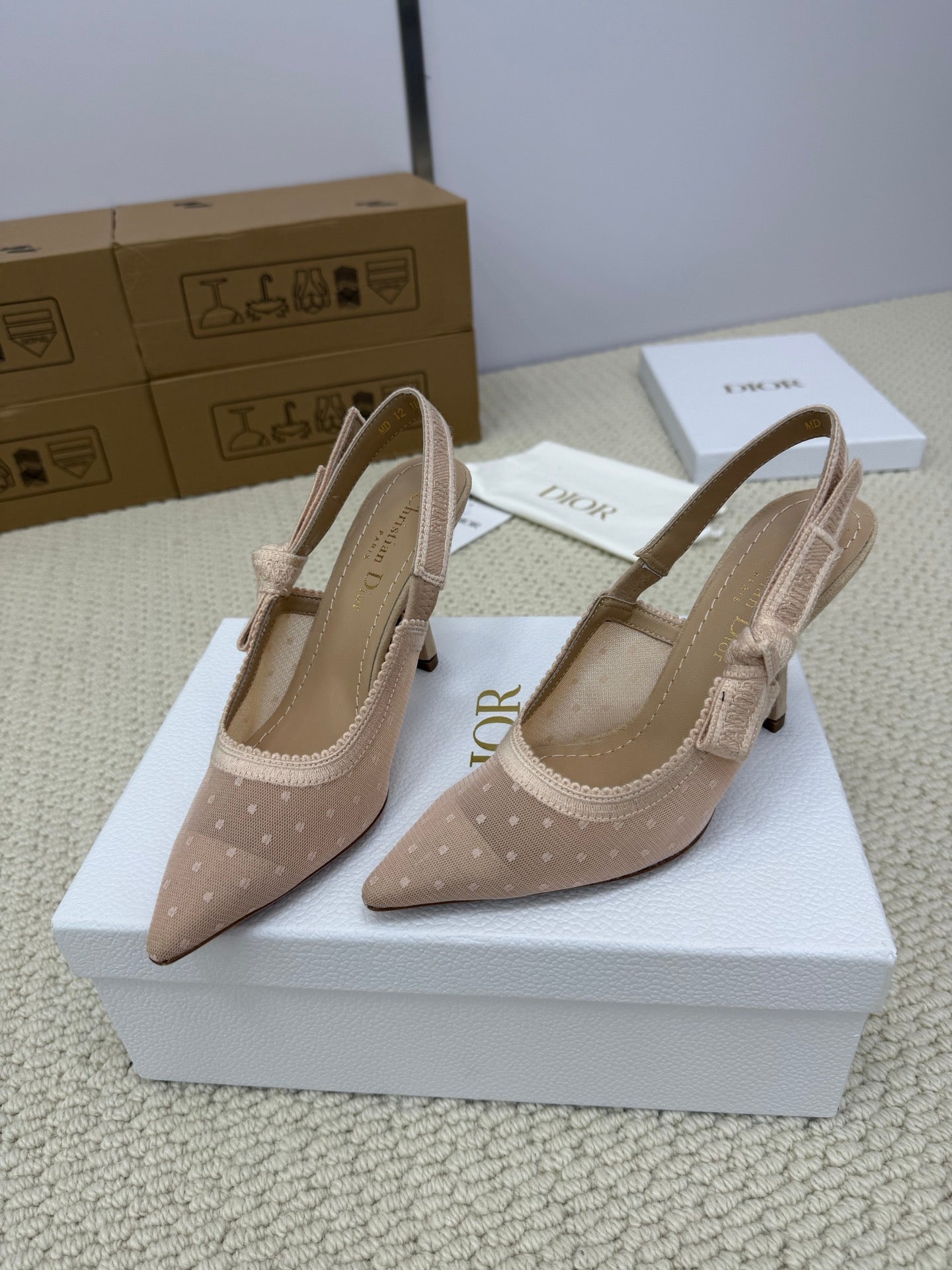 DIOR HIGH SLINGBACK 100 MM 25S IN NUDE LACE NET FABRIC AND SUEDE