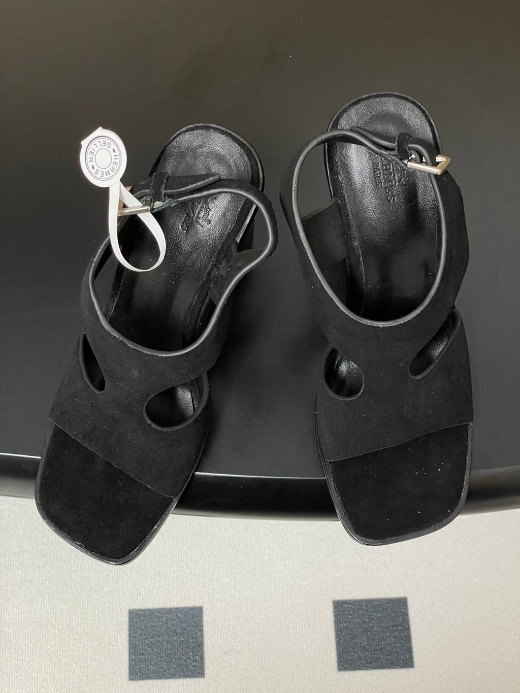 HERMES 25S KALYA WEDGE SANDAL 100 MM IN BLACK SUEDE