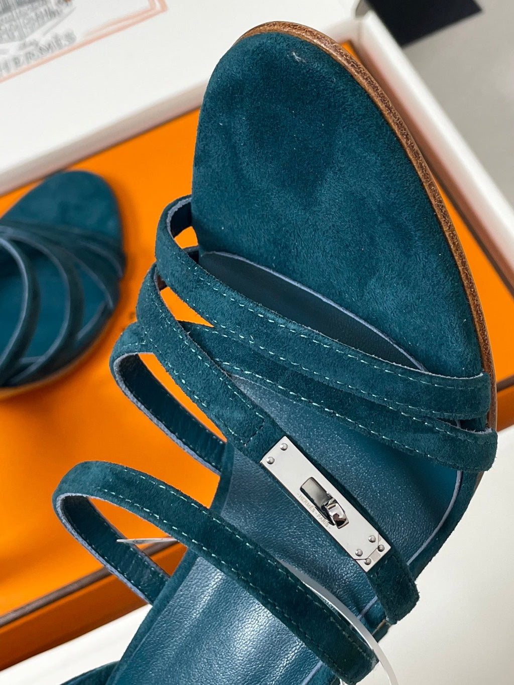 HERMES 25S HIGH-HEEL SANDAL 105 MM IN DARK BLUE SUEDE