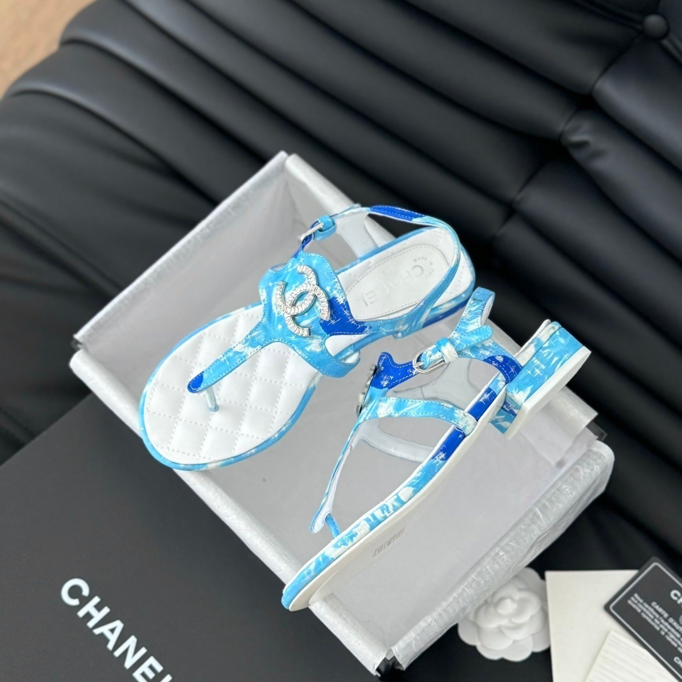 CHANEL Double C Classic One-Strap Sandals White Sky Blue Lambskin