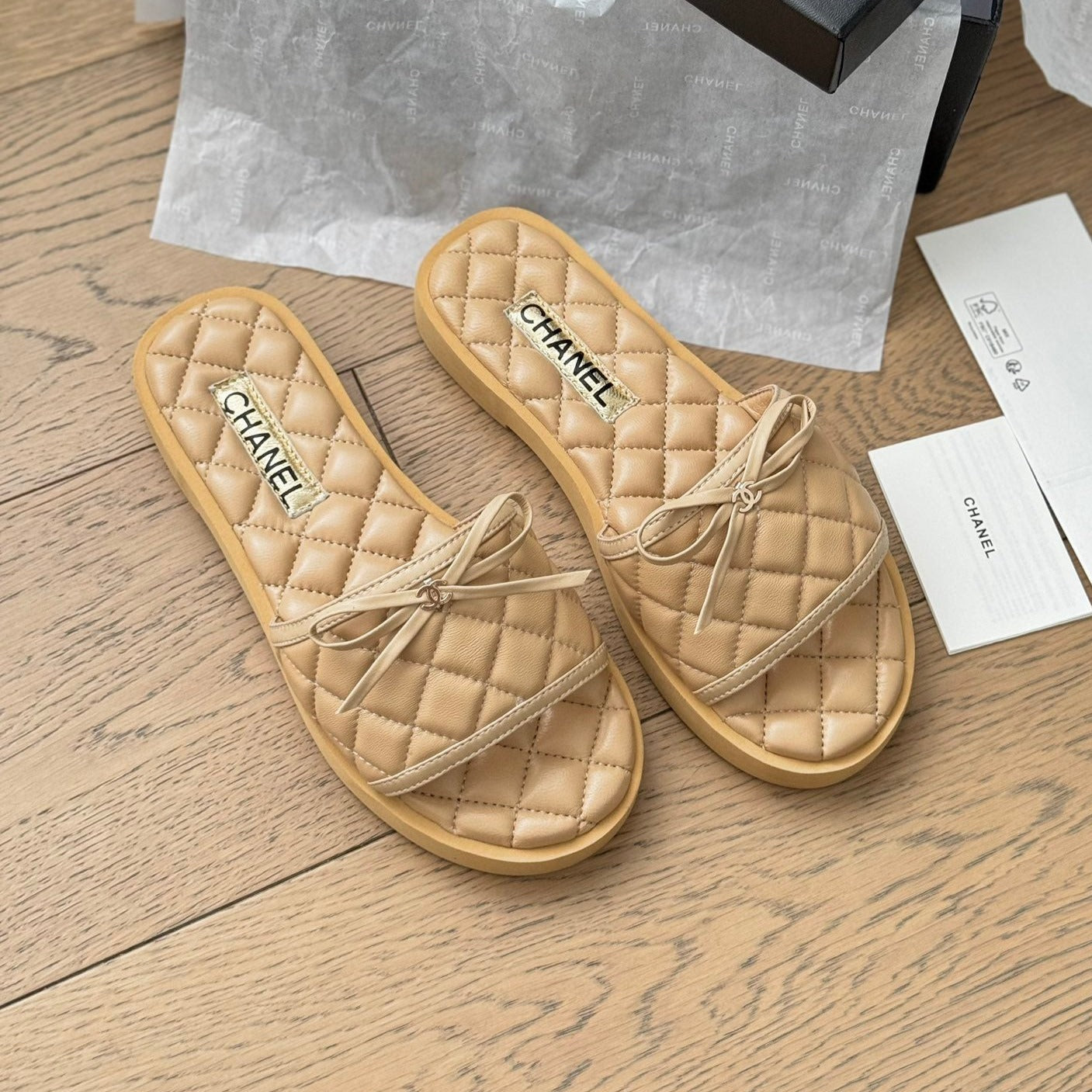 CHANEL Double C  New Butterfly Button Slippers Yellow Cream Lambskin