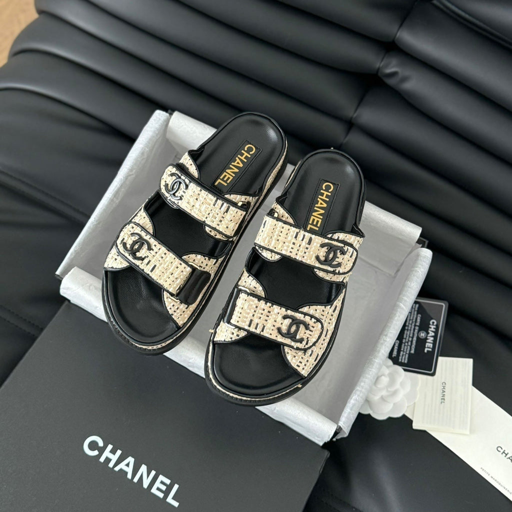 CHANEL Mule Sandals Sheepskin Beige Black