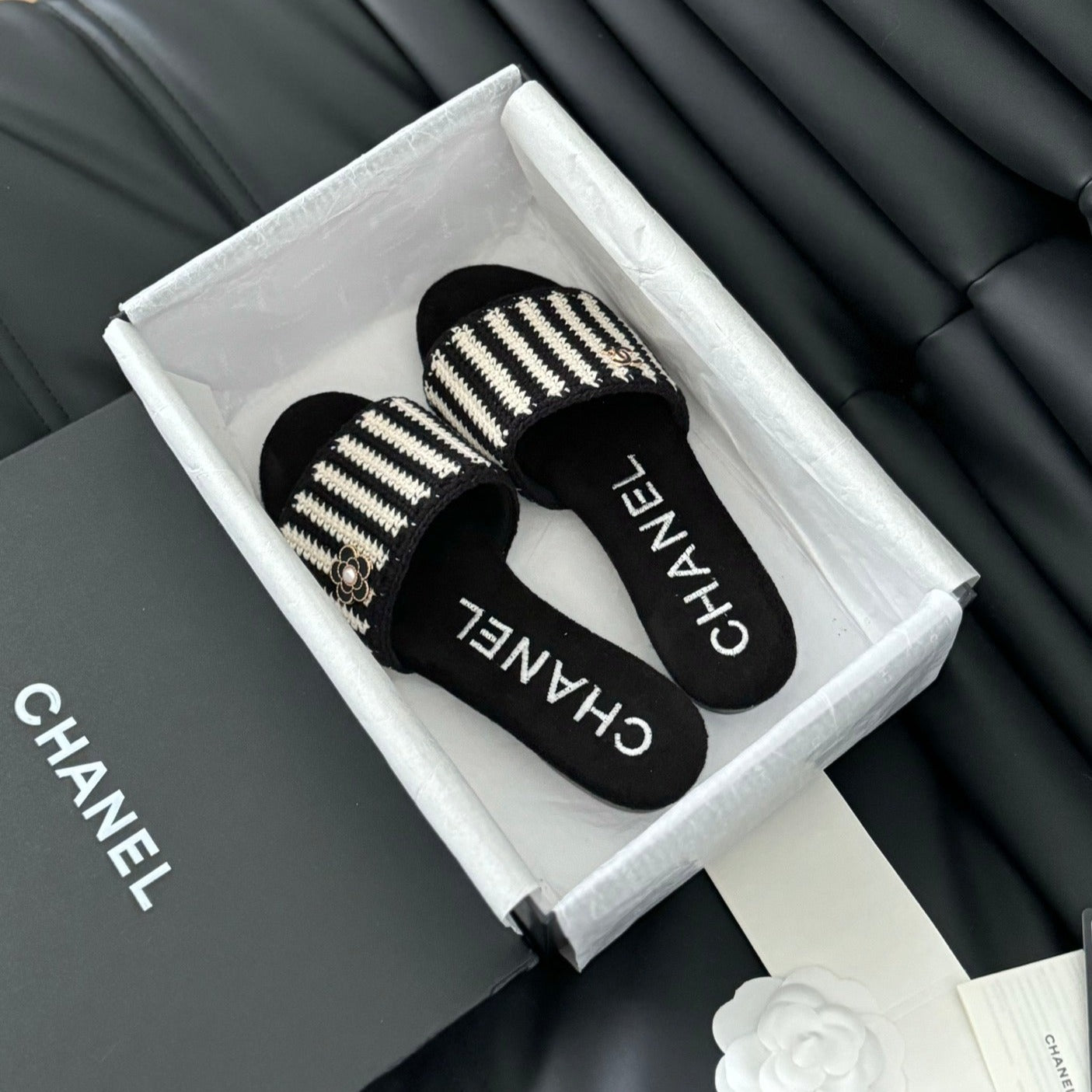 CHANEL Sheepskins Knit Slippers Black White