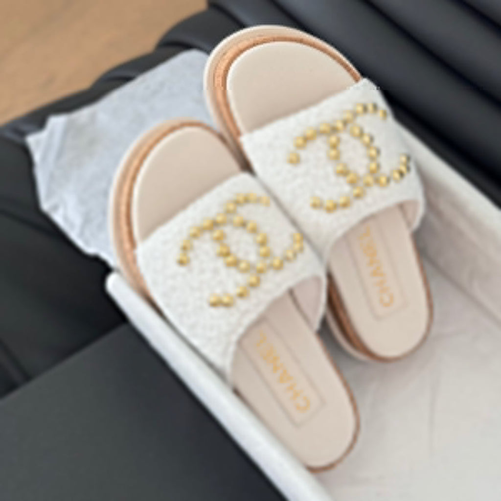 CHANEL Slippers Platform Lambskin White Cream
