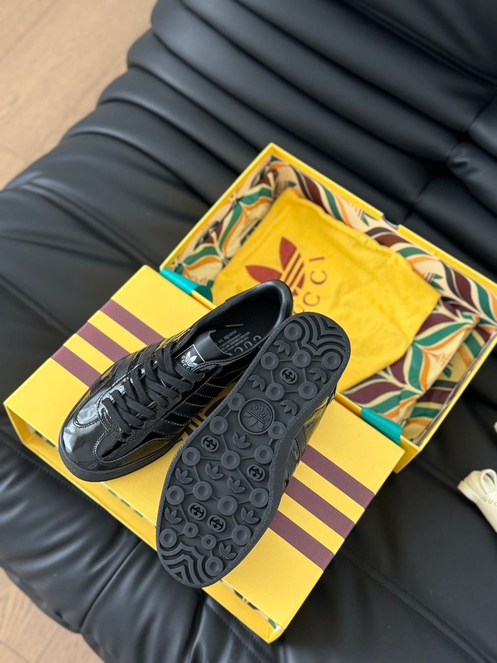 GUCCI & ADIDAS GAZELLE SNEAKER GLOSSY BLACK CALFSKIN