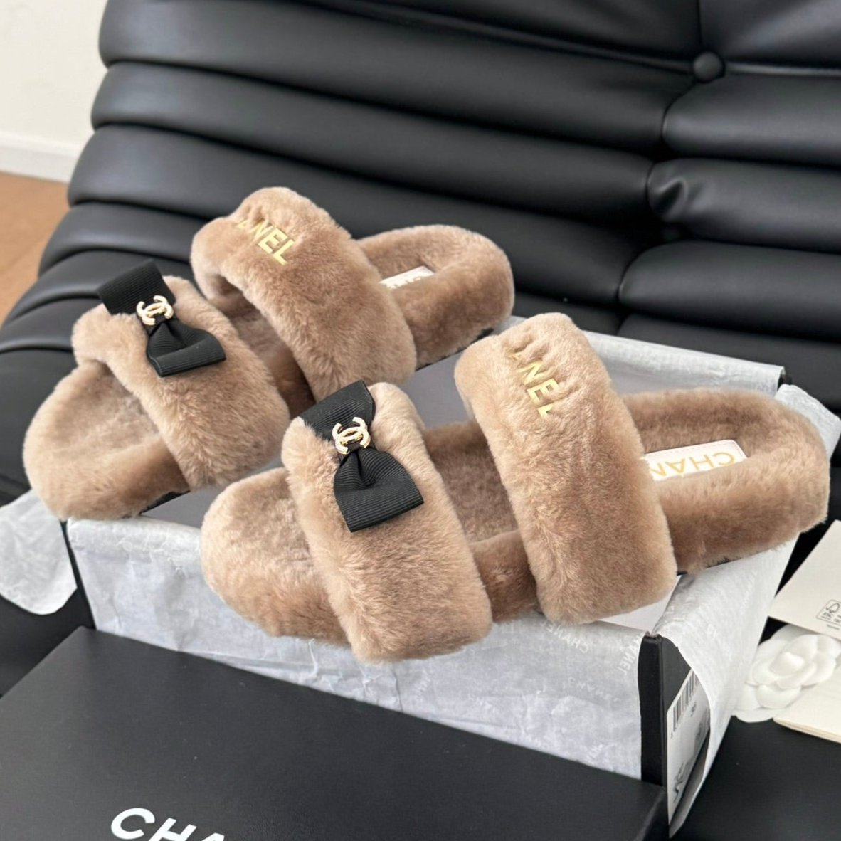 CHANEL DAD SANDAL MULE IN CAMEL BROWN FLEECE WITH GOLD HARDWARE