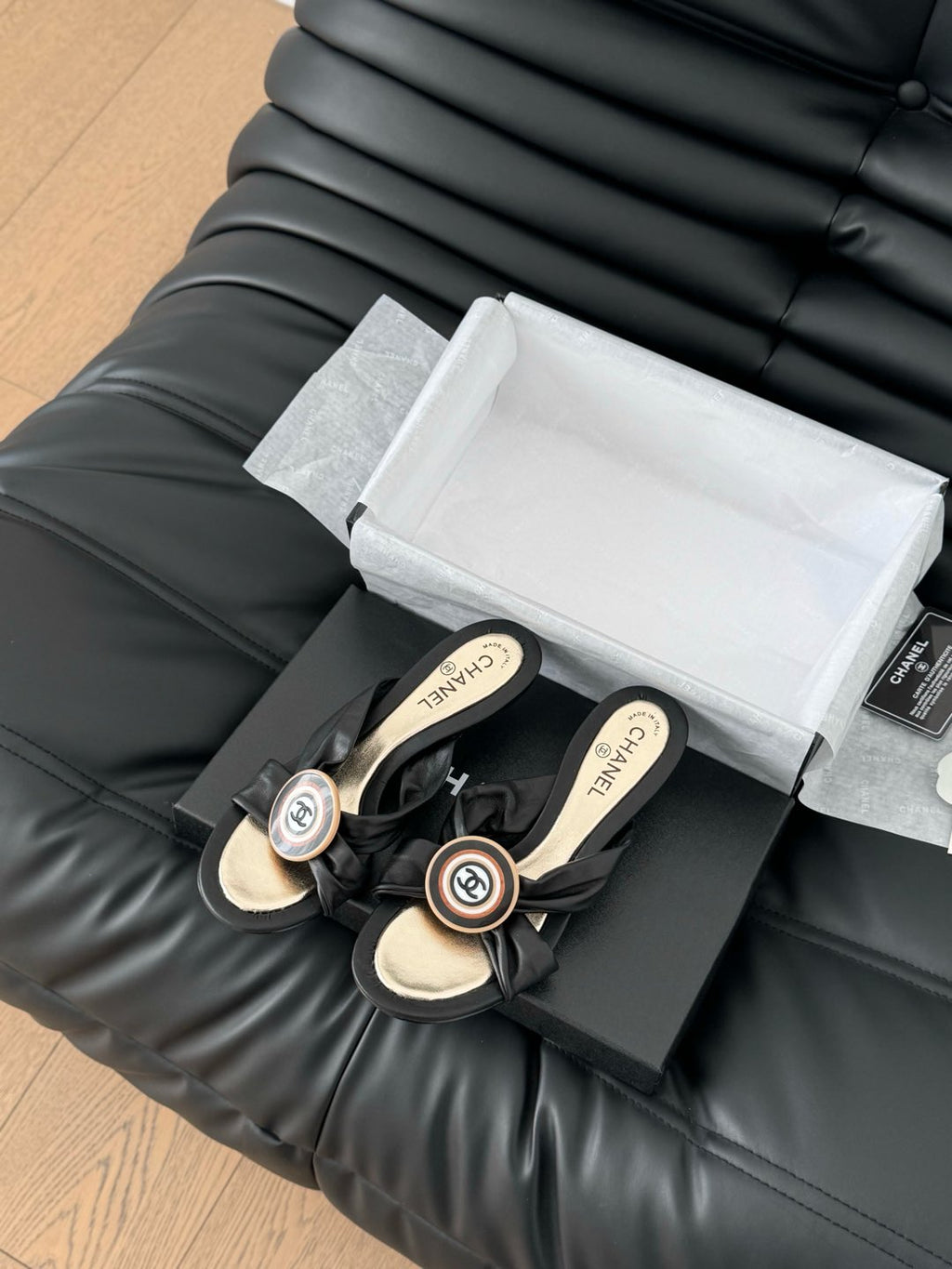 CHANEL BLACK LAMBSKIN  SLIDE SANDALS
