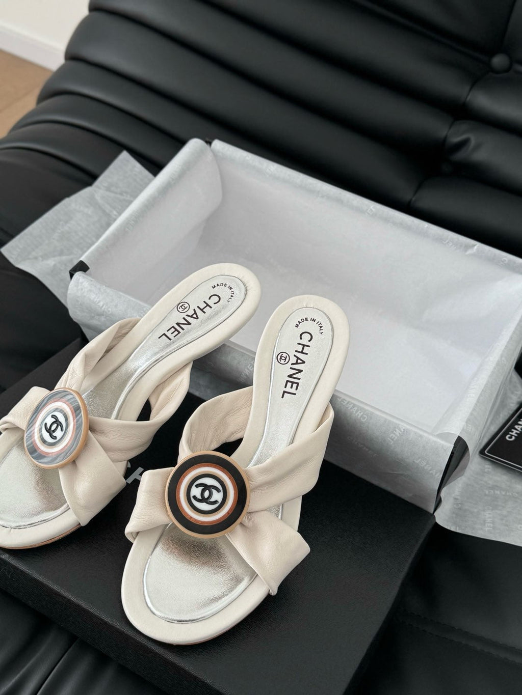 CHANEL WHITE FABRIC  SLIDE SANDALS