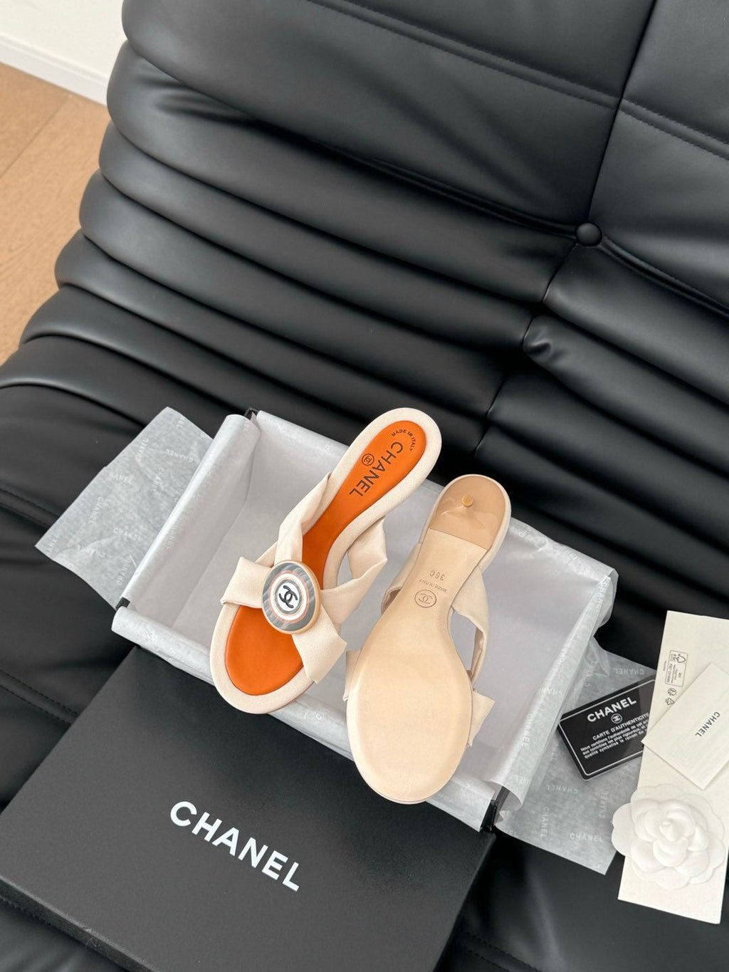 CHANEL VIVID ORANGE FABRIC  SLIDE SANDALS