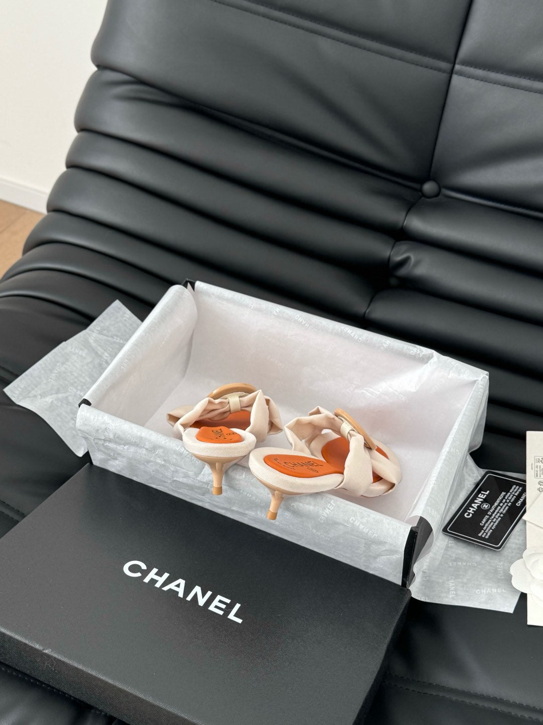 CHANEL VIVID ORANGE FABRIC  SLIDE SANDALS