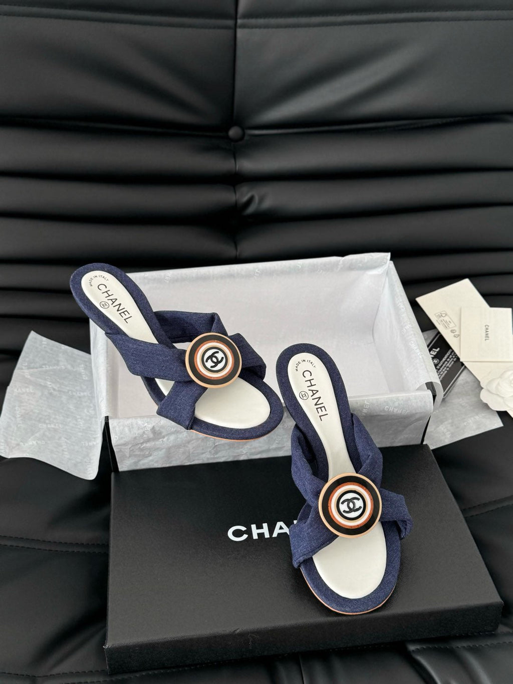 CHANEL NAVY BLUE FABRIC  SLIDE SANDALS
