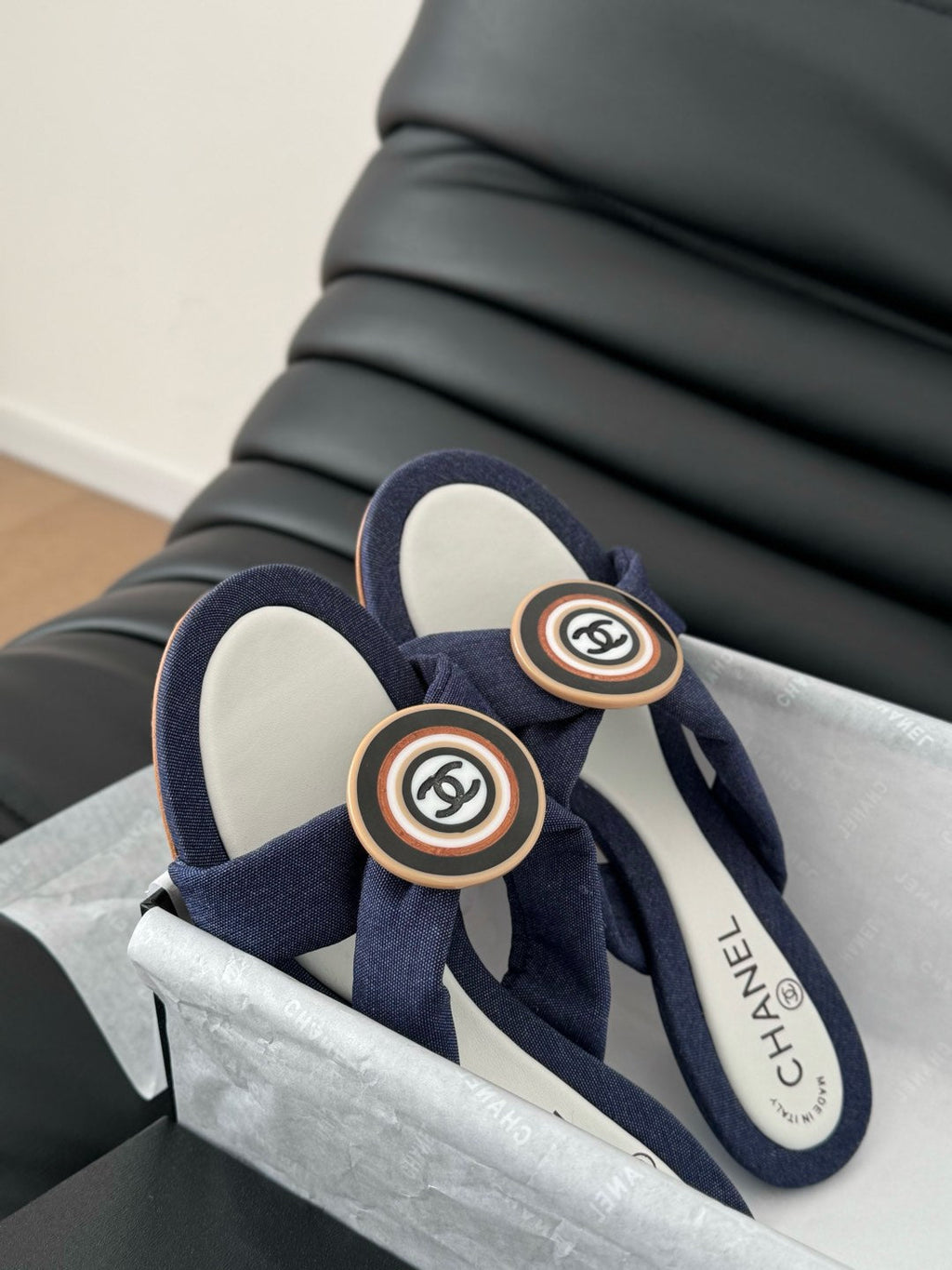 CHANEL NAVY BLUE FABRIC  SLIDE SANDALS