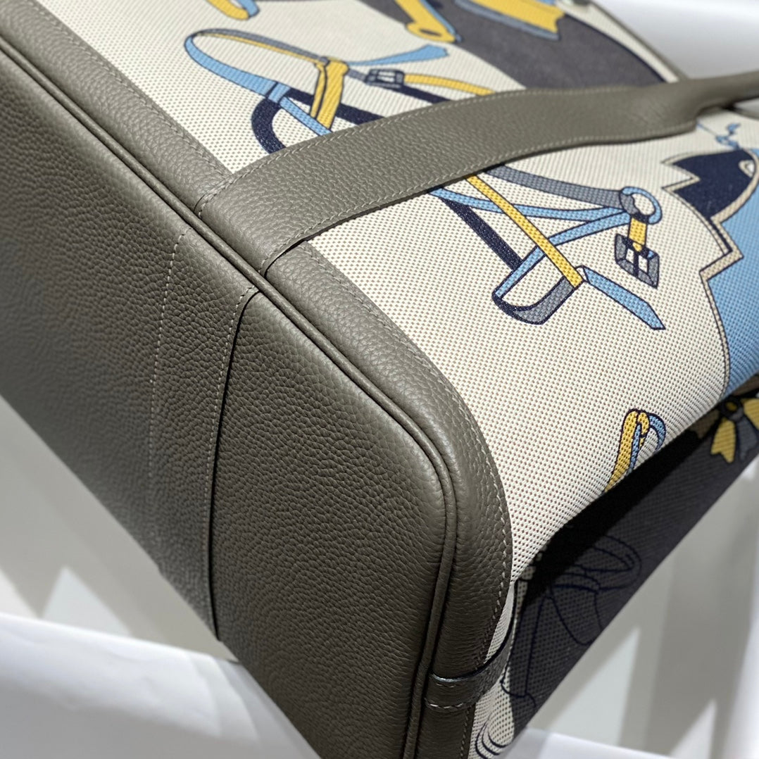 HERMES GARDEN PARTY 36 IN IVORY YELLOW BLUE TOILE H CANVAS ETOUPE CALFSKIN EQUESTRIAN HARNESS PRINT