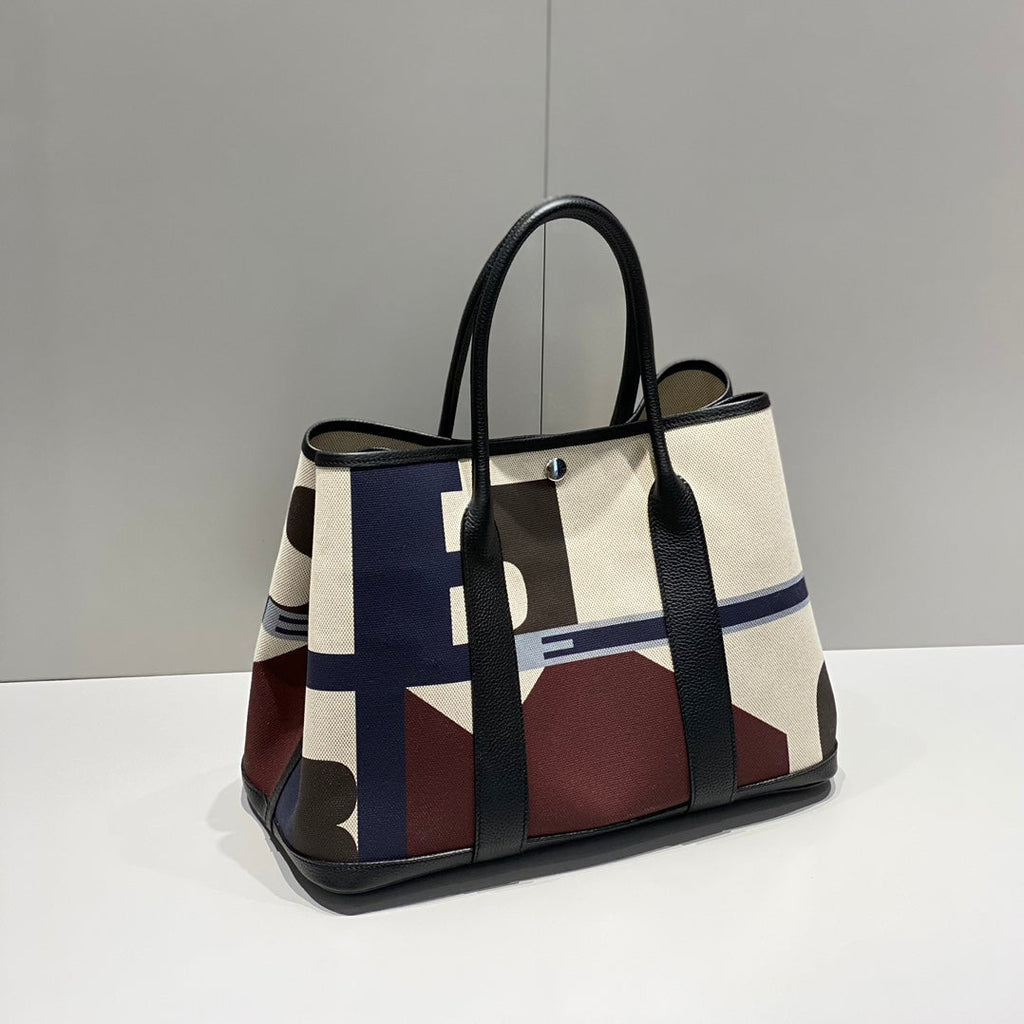 HERMES GARDEN PARTY 36 IN MULTICOLOR TOILE H CANVAS BLACK CALFSKIN
