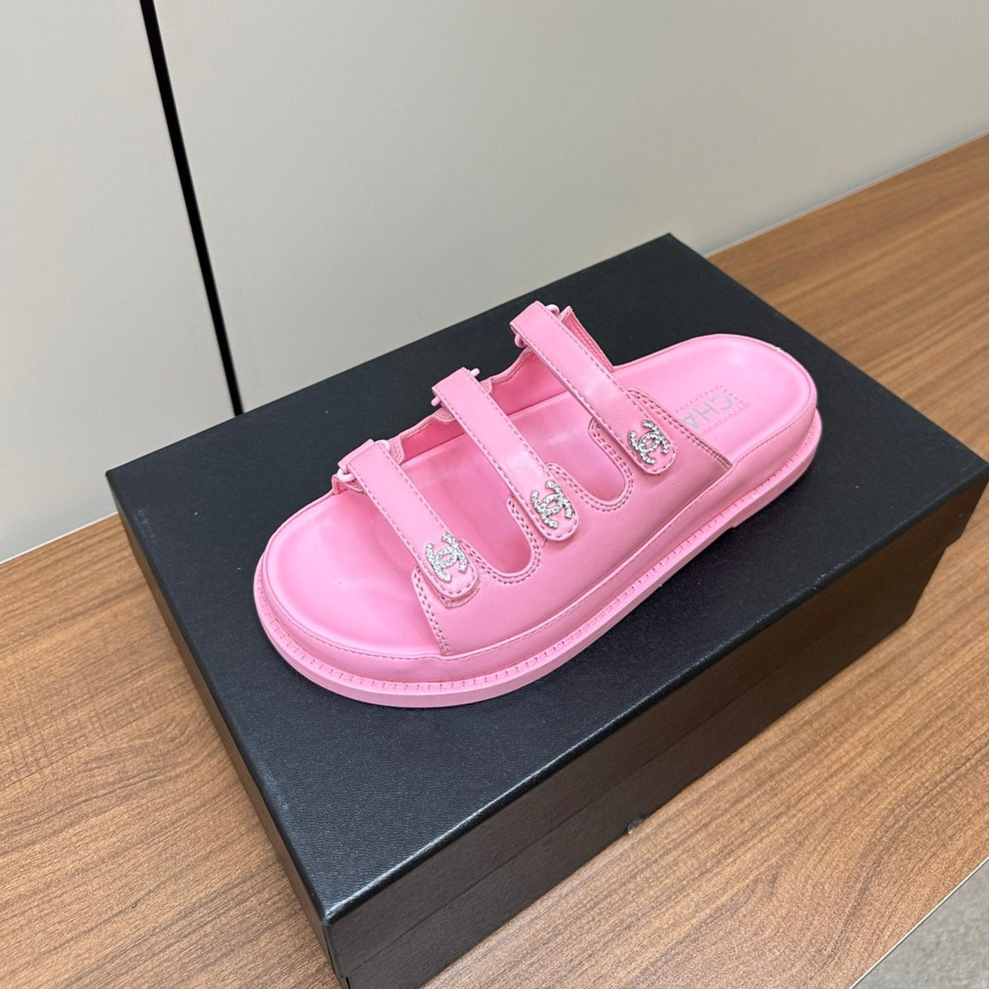 CHANEL dad sandals pink 3 rows lambskin mules