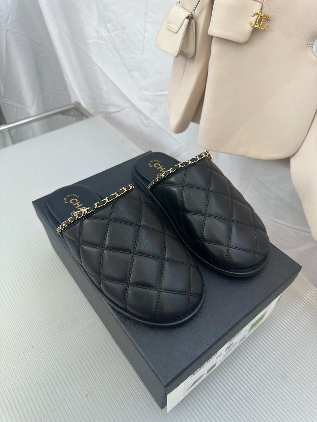 CHANEL Black Lambskin Gold Chain Mules