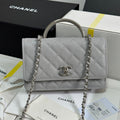 CHANEL FLAP BAG WITH SILVER-TONE HANDLE 19 IN GREY SHINY CAVIAR SKIN