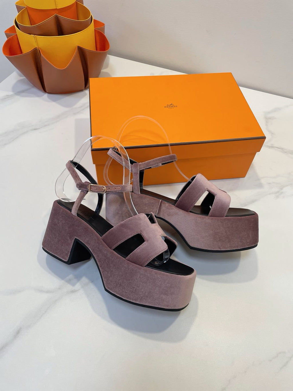 HERMES JAM 30 SANDAL IN ROSY BROWN VELVET