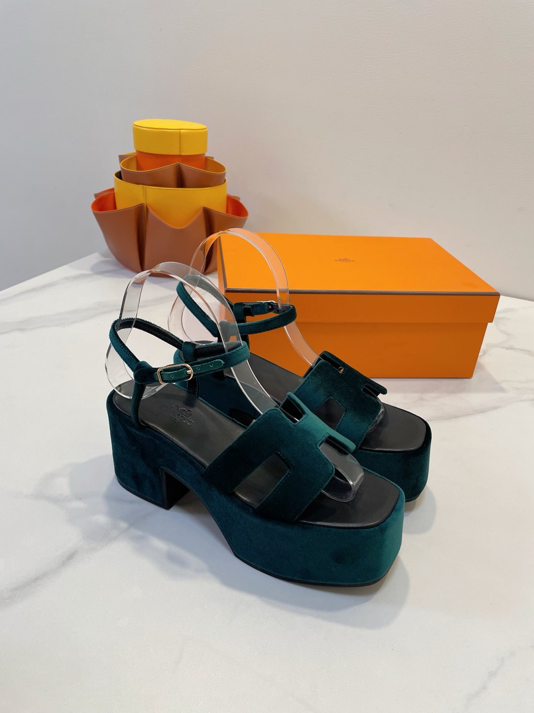 HERMES JAM 30 SANDAL IN GREEN FOREST VELVET