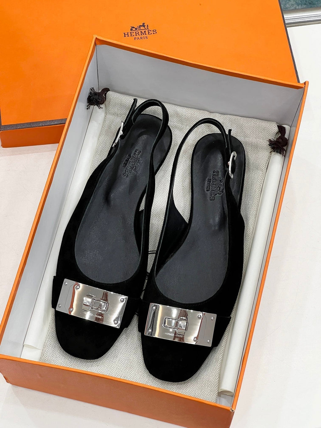 HERMES INNOCENTE SLINGBACK BLACK SUEDE