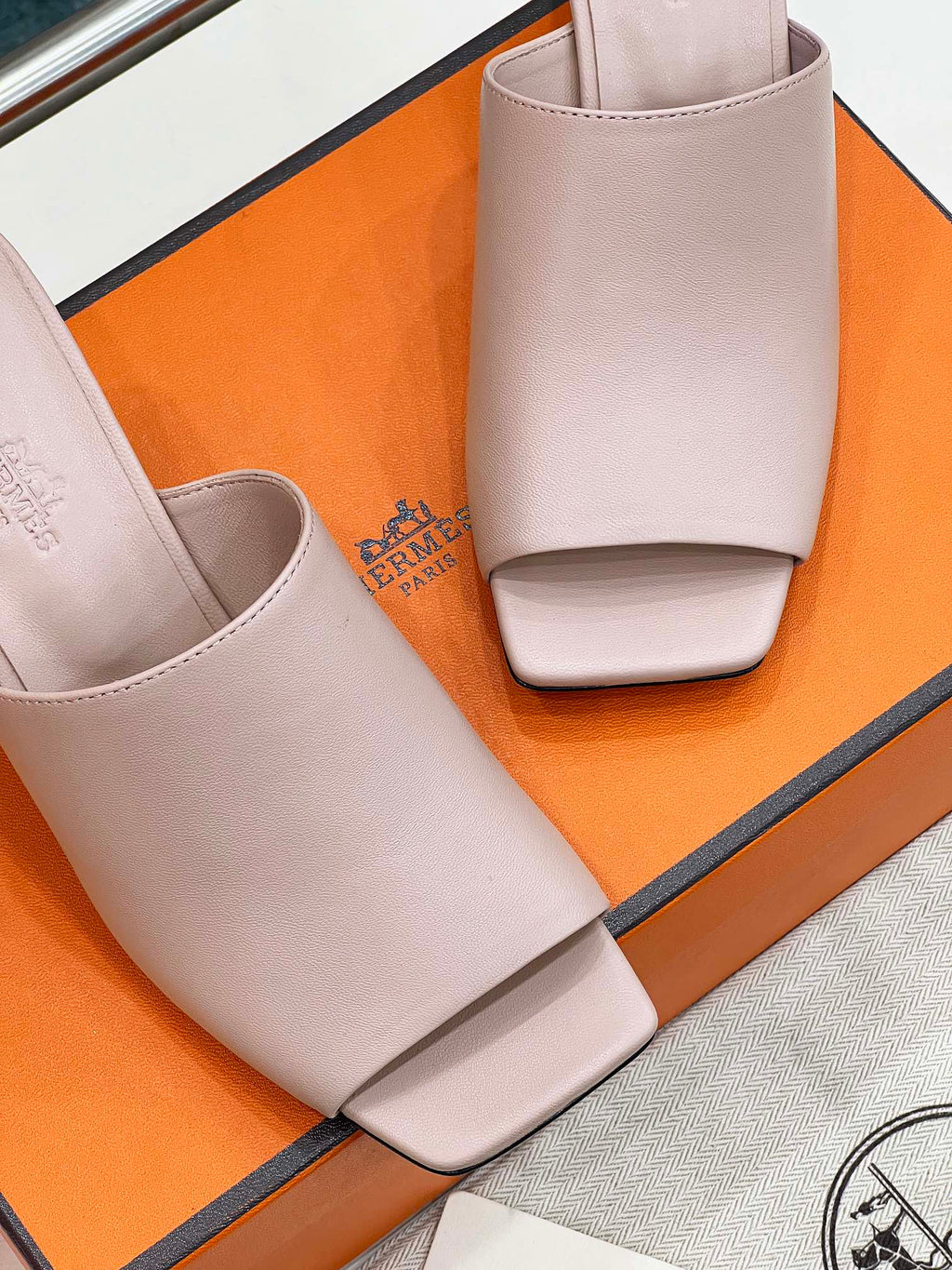 HERMES ICONIQUE 60 SANDAL IN BABY PINK CALFSKIN