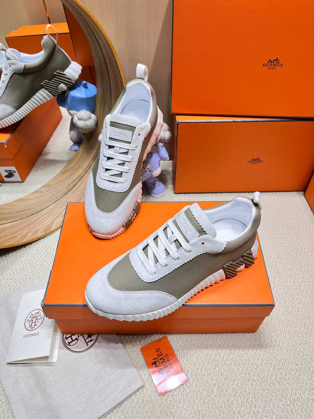 HERMES BOUNCING SNEAKER IN PALE GRAY SUEDE AND WOOD BROWN KNIT