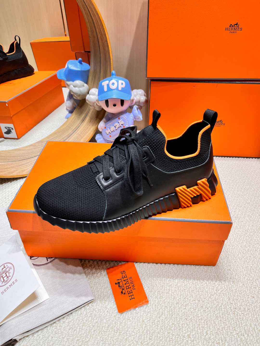 HERMES DEPART SLIP-ON SNEAKER IN BLACK KNIT AND CALFSKIN