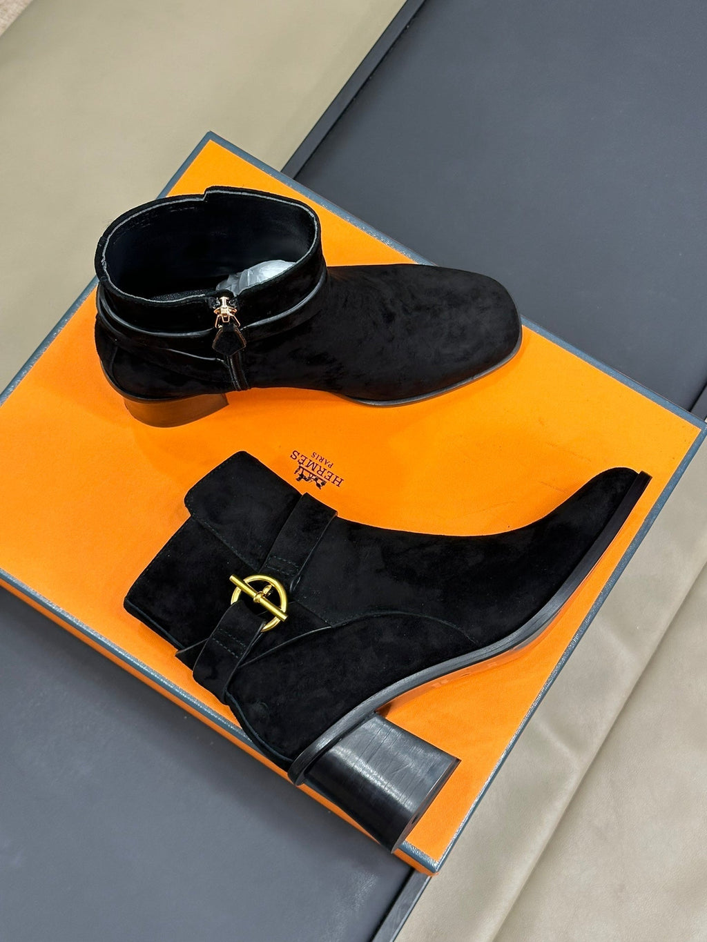 HERMES JILL 60 ANKLE BOOT IN BLACK SUEDE