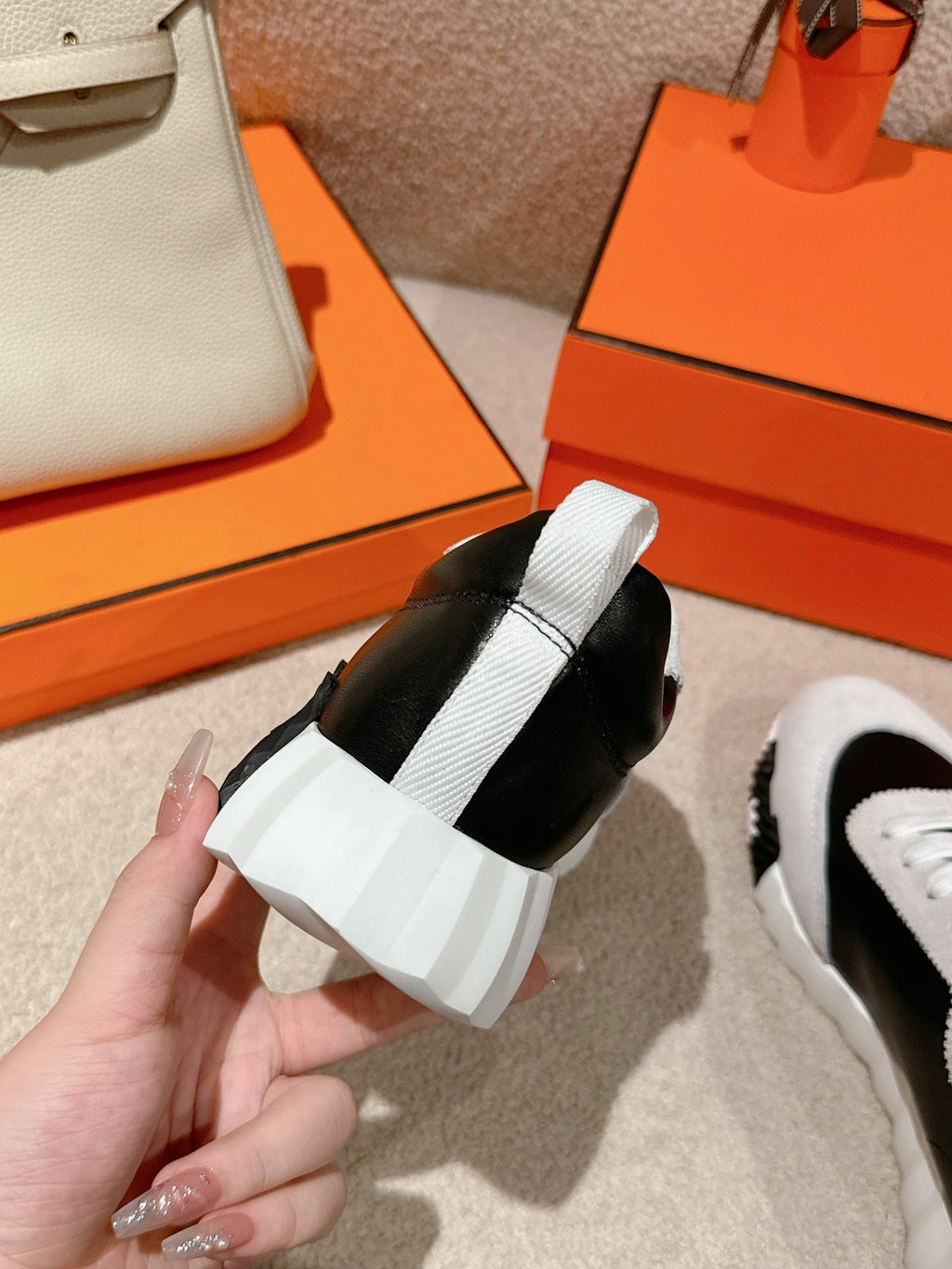 HERMES MAINLAND SNEAKER IN PALE GRAY SUEDE AND BLACK CALFSKIN
