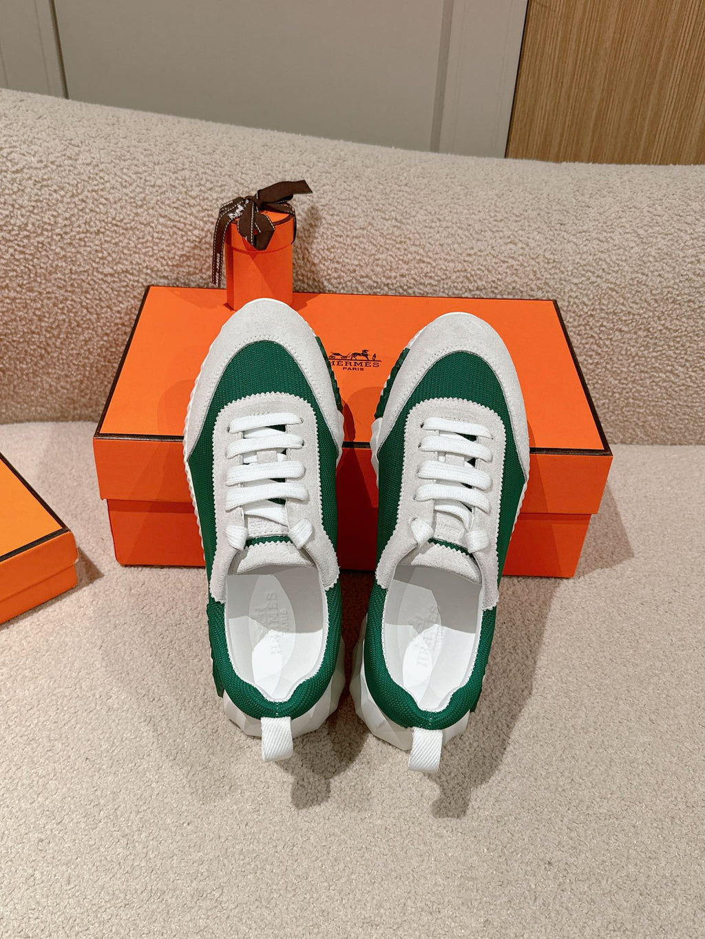 HERMES MAINLAND SNEAKER IN PALE GRAY SUEDE AND FOREST GREEN BREATHABLE MESH FABRIC