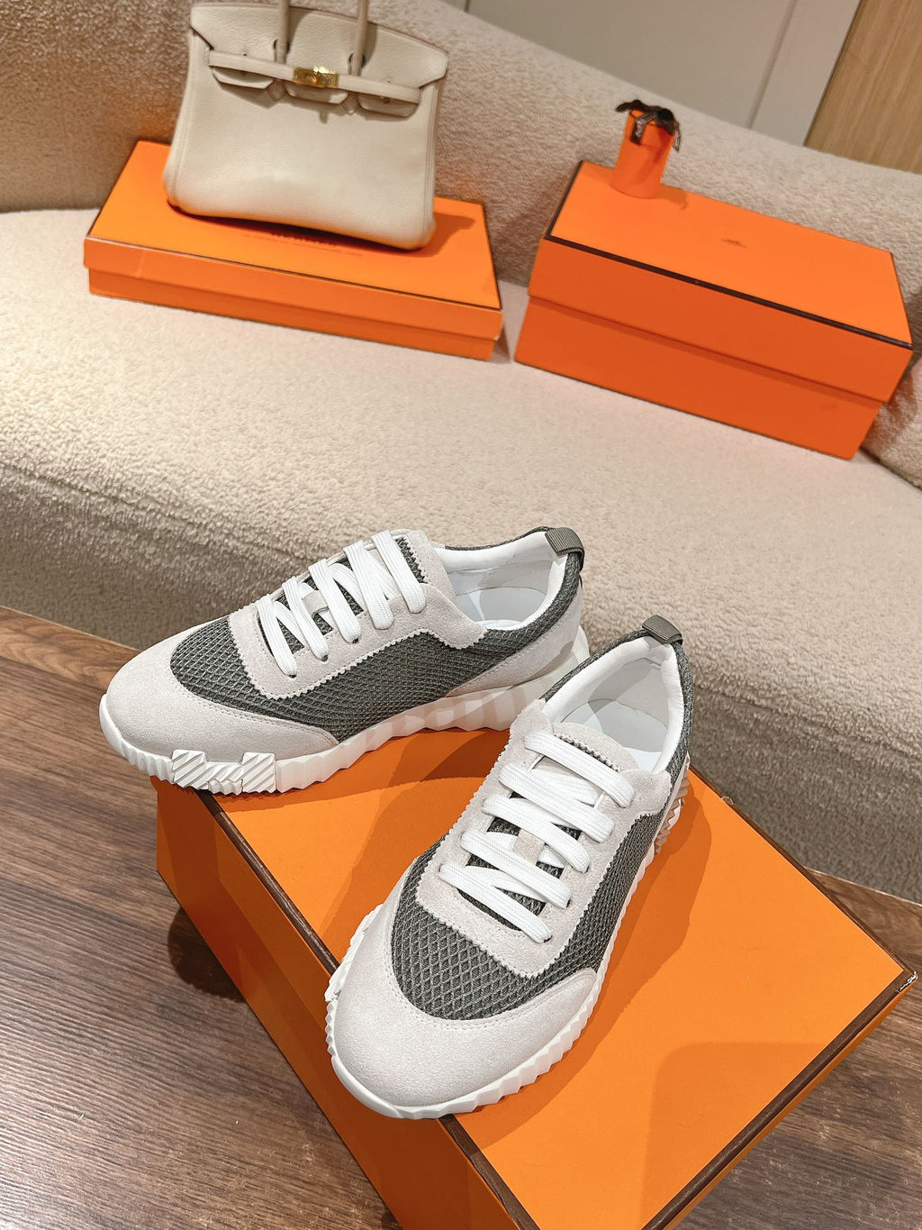 HERMES MAINLAND SNEAKER IN PALE GRAY SUEDE AND SMOKE GRAY BREATHABLE MESH FABRIC