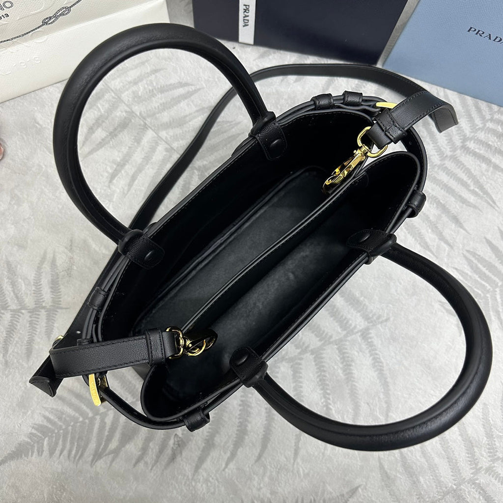PRADA 25S BUCKLE MEDIUM HANDBAG 28 IN BLACK CALFSKIN GOLD HARDWARE