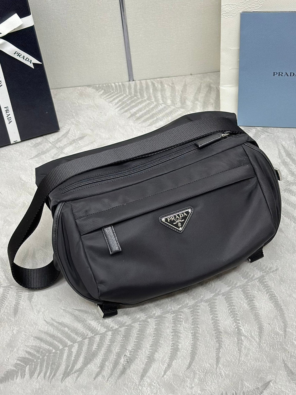 PRADA SHOULDER BAG 27 IN BLACK RE-NYLON TRIANGLE LOGO