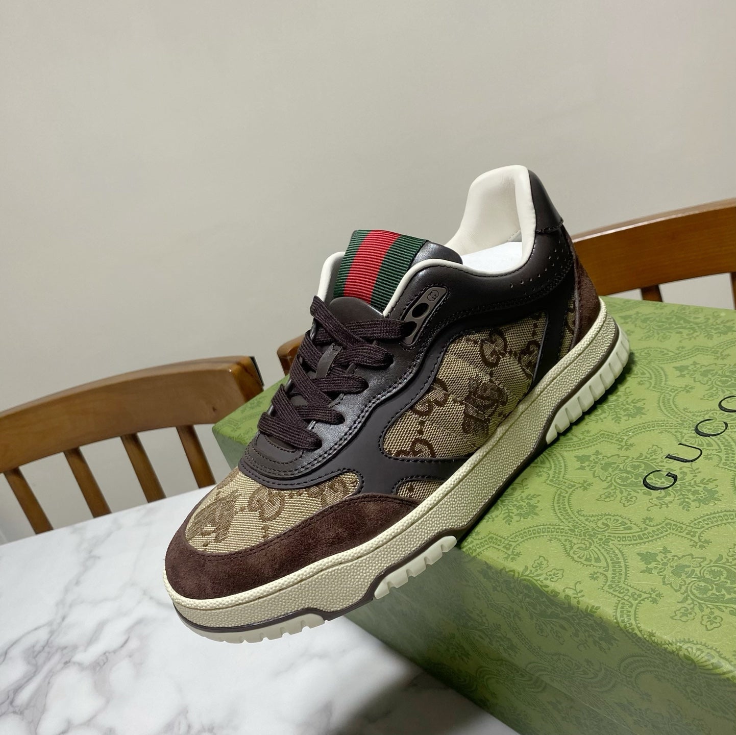 GUCCI 26S RE-WEB TRAINER SNEAKERS IN BROWN CALFSKIN AND BEIGE CANVAS