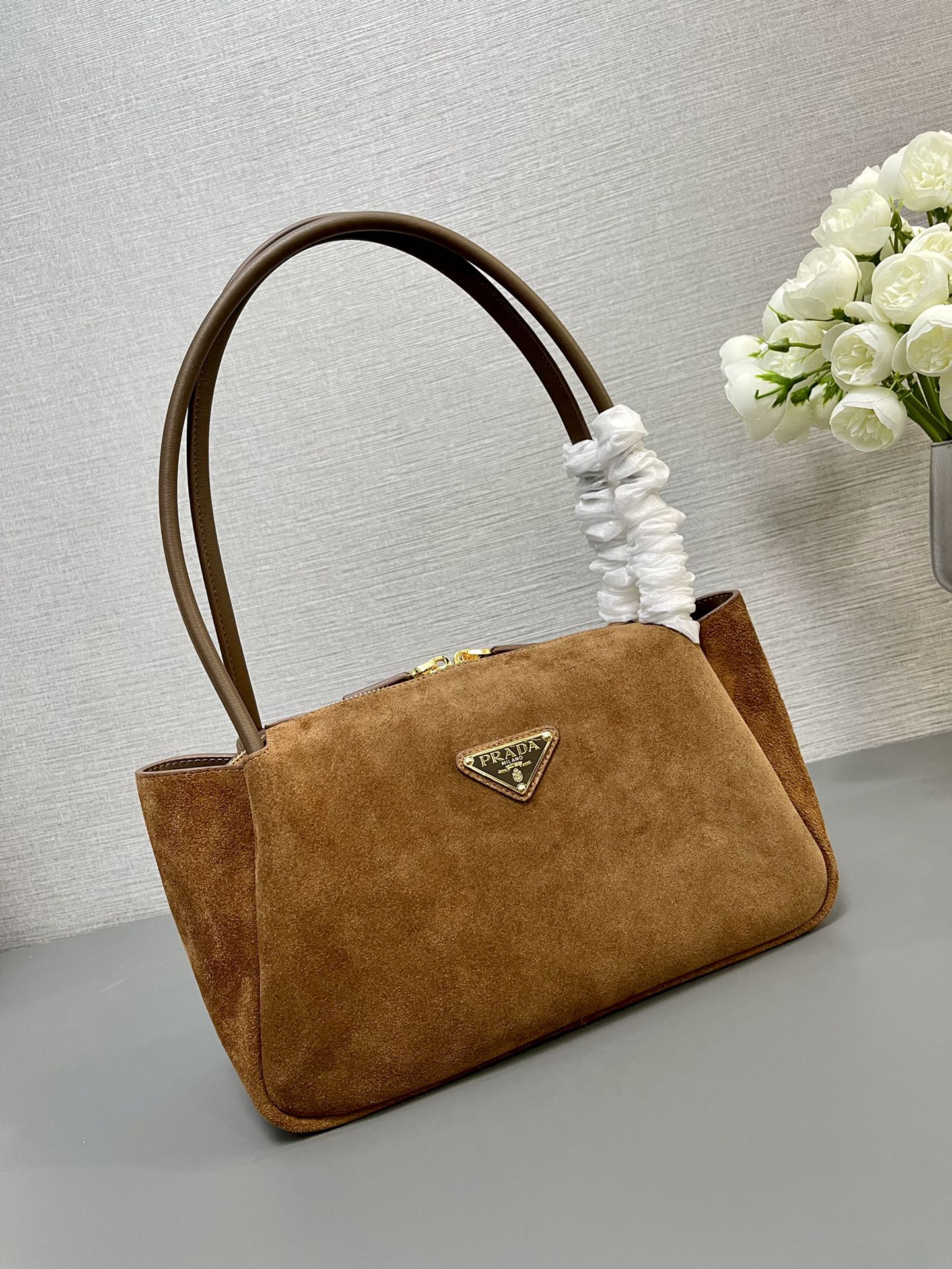 PRADA SHOULDER BAG 28 IN TAWNY BROWN SUEDE GOLD LOGO