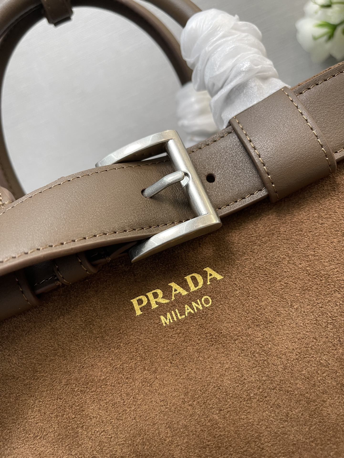 PRADA SMALL TOTE BAG WITH BELT 32 IN RUSSET BROWN SUEDE