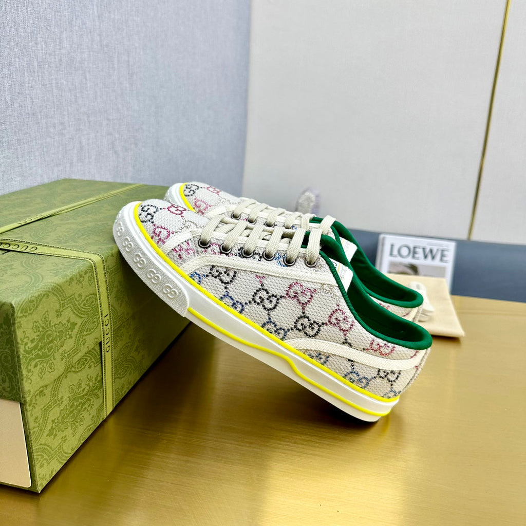 GUCCI TENNIS 1977 TRAINER LIGHT GRAY CANVAS WITH YELLOW TRIM