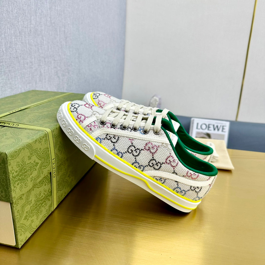 GUCCI TENNIS 1977 TRAINER LIGHT GRAY CANVAS WITH YELLOW TRIM