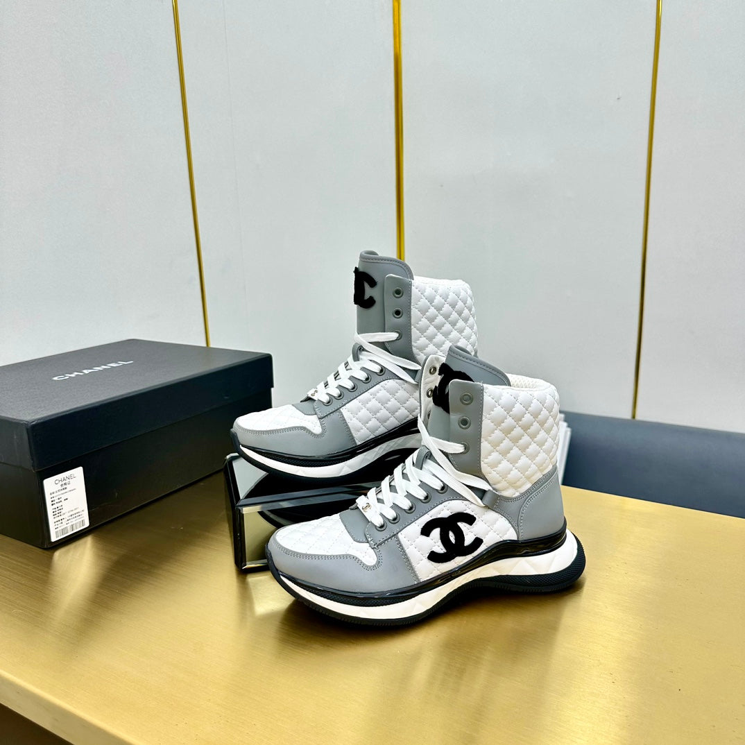 CHANEL ATHLETIC SHOES IN WHITE MIX ASH GRAY CALFSKIN
