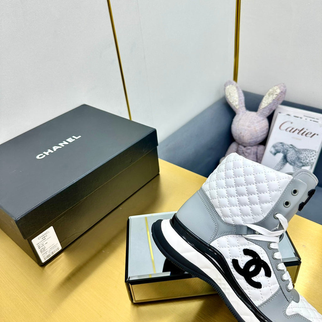 CHANEL ATHLETIC SHOES IN WHITE MIX ASH GRAY CALFSKIN