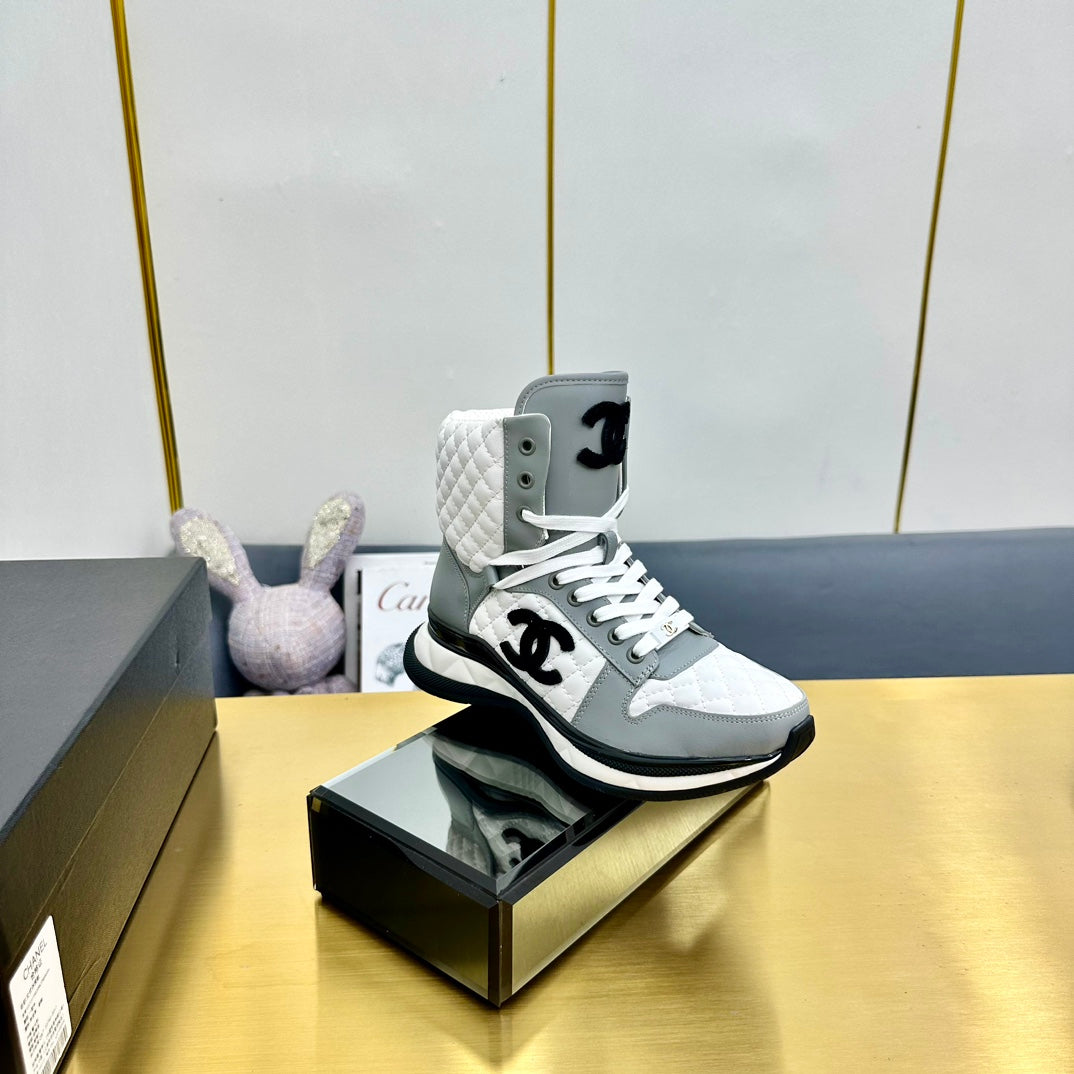 CHANEL ATHLETIC SHOES IN WHITE MIX ASH GRAY CALFSKIN