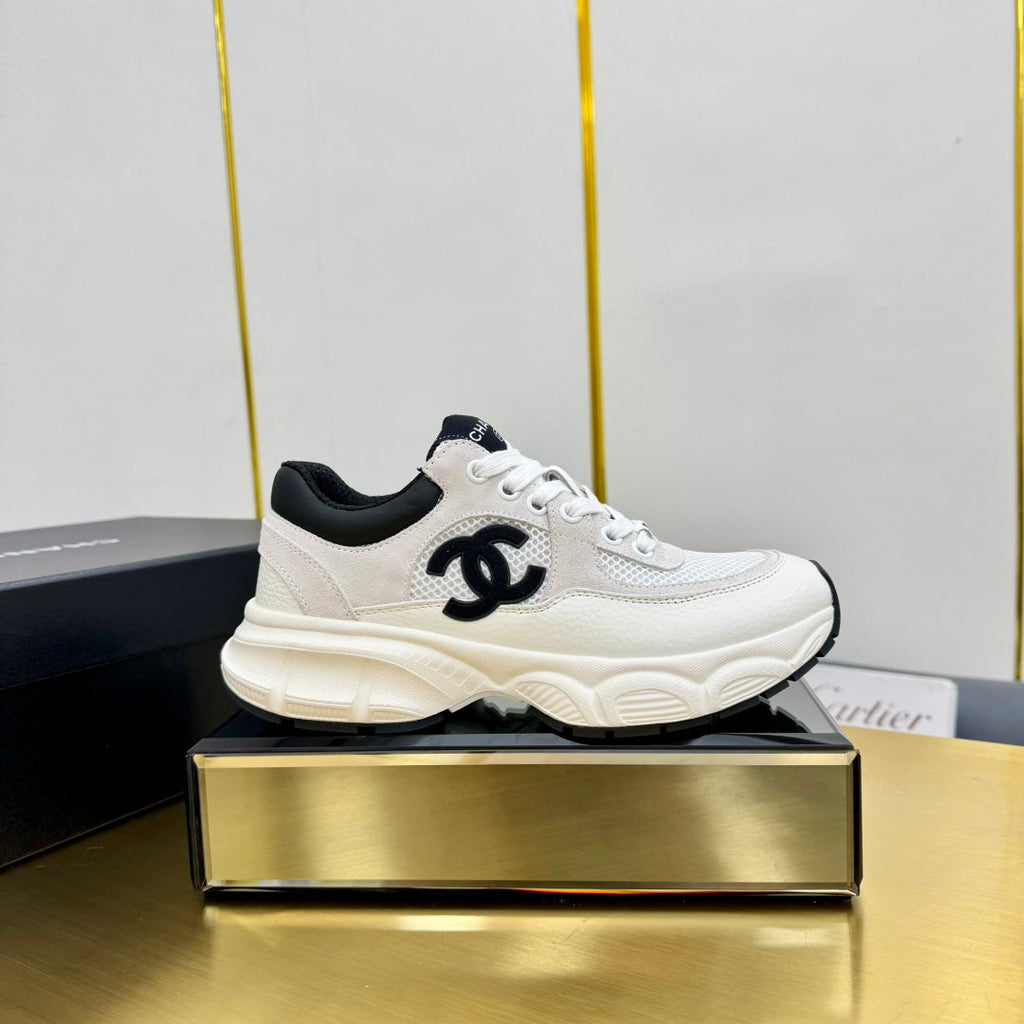 CHANEL SNEAKER IN PALE GRAY SUEDE WITH BLACK LOGO AND MESH