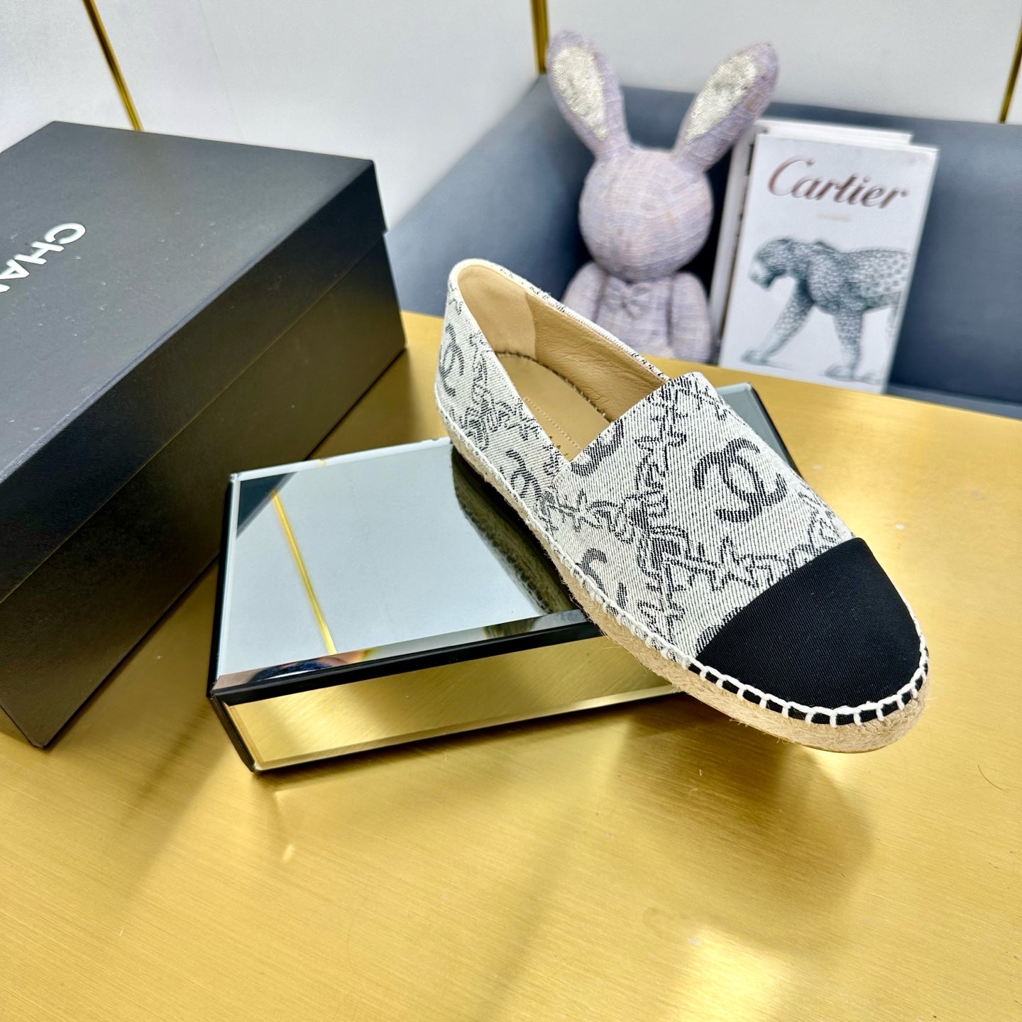 CHANEL ESPADRILLES PLATFORM IN BLACK PATTERN FABRIC