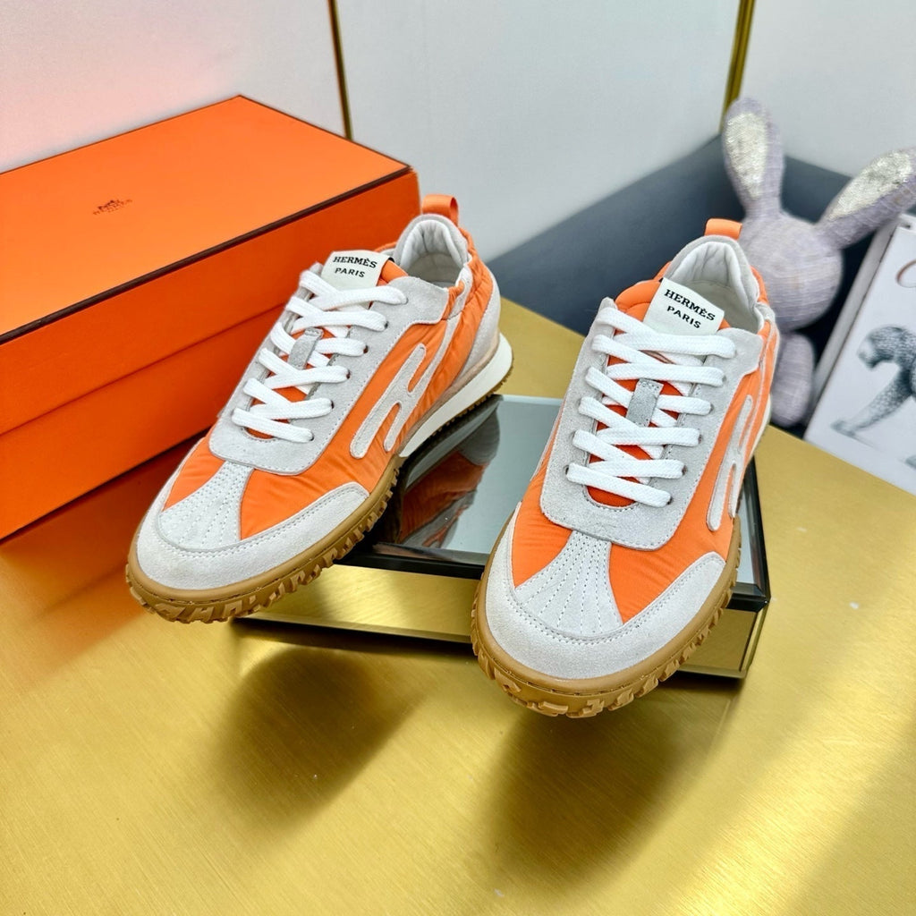 HERMES JET SNEAKER IN PALE GRAY SUEDE MIX ORANGE CALFSKIN